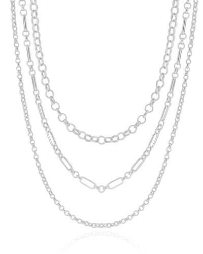 Colar Tripla Elo Português e Elos Ovais Ródio Branco - 35/40/45 cm