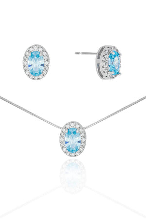 Conjunto Gargantilha Pingente e Brinco Oval Azul Sky com Borda Cristal