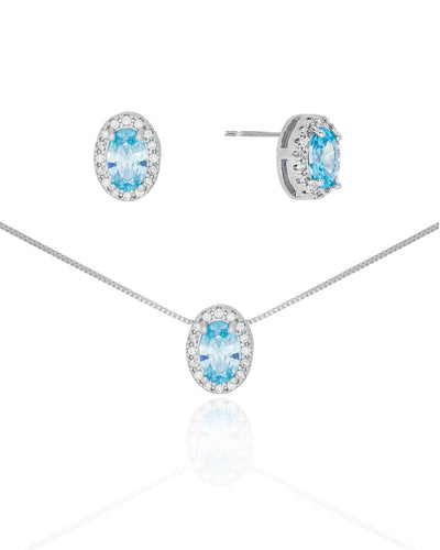 Conjunto Brinco e Colar Pingente Oval Azul Sky Borda Cravejada