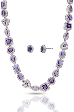 Conjunto Colar Riviera Mix Safira Azul Cravejado Cristal com Fecho Italiano - 40 cm