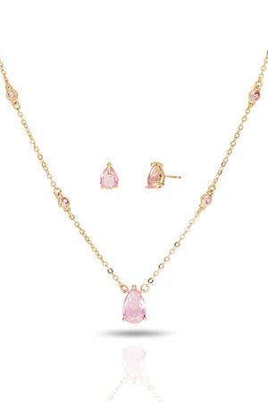 Conjunto Gargantilha Elo Veneziano com Pingente Gota Rosa e Brincos