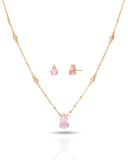 Conjunto Gargantilha Elo Veneziano com Pingente Gota Rosa e Brincos