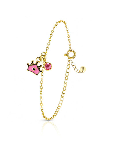 Pulseira Infantil Coroa Princesa Esmaltada com Coração e Ponto de Luz Rosa