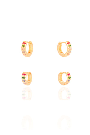 Dupla de Argolas Pontos de Luz Coloridos Banhado a Ouro 18K