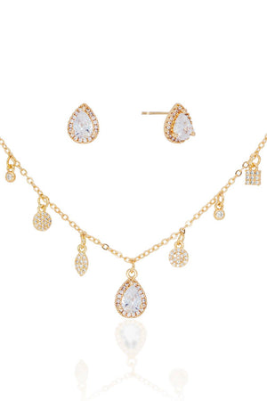 Conjunto Gargantilha com Berloques Cravejados Pingente e Brincos Gota com Borda Cristal
