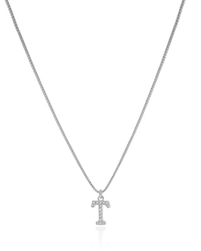 Colar Veneziana Letra T Cravejada Cristal Ródio Branco - 45 cm