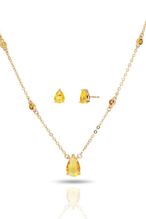 Conjunto Gargantilha Elo Veneziano com Pingente Gota Citrino e Brincos