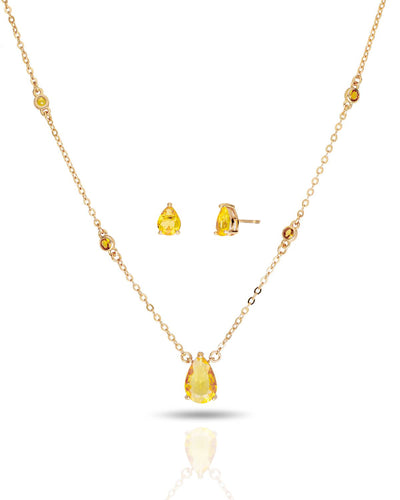 Conjunto Colar Ponto de Luz com Pingente Gota e Brinco Cristal Citrino