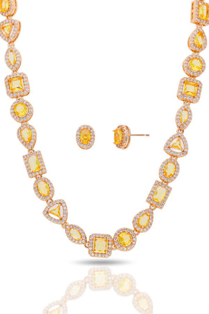 Conjunto Colar Riviera Mix Citrino Cravejado Cristal com Fecho Italiano - 40 cm