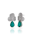 Brinco Folhas Cravejadas Cristal e Gota Pendente Verde Esmeralda