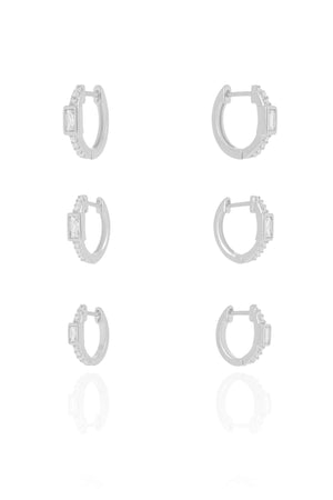 Trio de Argolas Baguetes Cravejado Cristal Ródio Branco