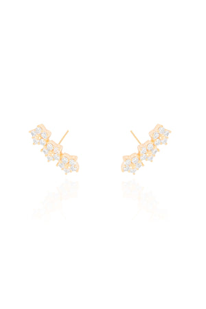 Brinco Ear Cuff Três Flores Cravejadas Cristal Banhado a Ouro 18K