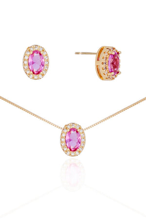Conjunto Gargantiha Pingente e Brinco Oval Rosa com Borda Cristal