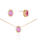 Conjunto Gargantiha Pingente e Brinco Oval Rosa com Borda Cristal