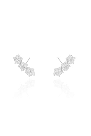 Brinco Ear Cuff Três Flores Cravejadas Cristal Ródio Branco