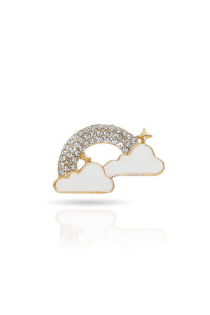 Broche Nuvem Arco-Iris Esmaltado Branco com Detalhes Cravejado Cristal