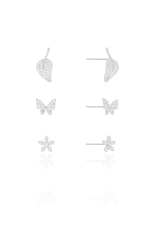 Brinco Trio Flor Borboleta e Folha Cravejado Cristal Ródio Branco