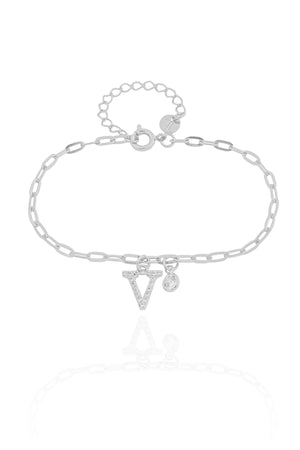 Pulseira Elos Letra V Cravejado Cristal Ródio Branco