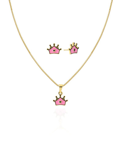 Conjunto Infantil Coroa Princesa Esmaltada Rosa