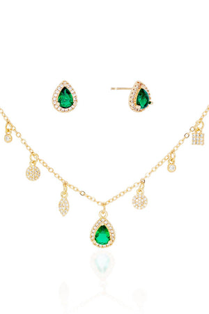 Conjunto Gargantilha com Berloques Cravejados Pingente e Brincos Gota Verde Esmeralda com Borda Cristal