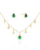 Conjunto Gargantilha com Berloques Cravejados Pingente e Brincos Gota Verde Esmeralda com Borda Cristal