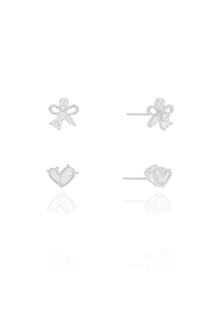 Brinco Duplo Coração Cristal e Flor Cristal Cravejada Ródio Branco