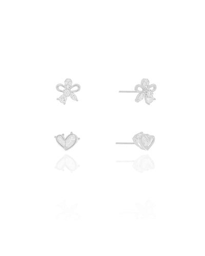 Dupla de Brincos Coração Cristal e Flor Cristal Cravejada Ródio Branco