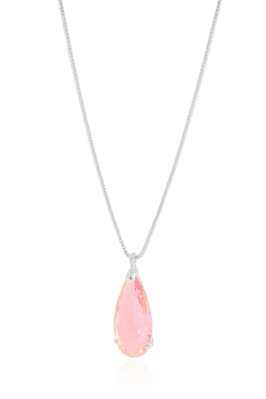 Gargantilha Longa Gota Safira Rosa 2.6 cm Ródio Branco - 60 cm