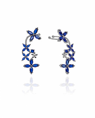 Brinco Ear Cuff Flores Navete Safira Azul Pino e Encaixe