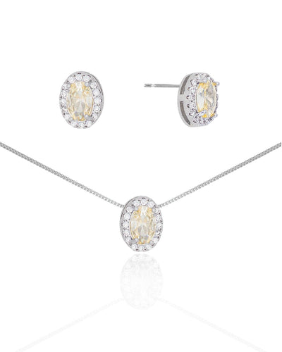 Conjunto Brinco e Colar Pingente Oval Champagne Borda Cravejada