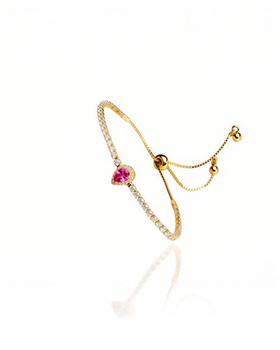 Pulseira Tennis Riviera Cristal Ajustável com Pingente Gota Rosa Cravejada Cristal
