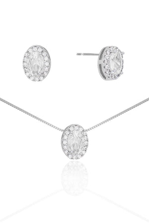 Conjunto Gargantilha Pingente e Brinco Oval Cristal com Borda Cristal