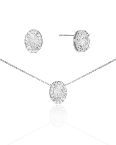 Conjunto Brinco e Colar Pingente Oval Cristal Borda Cravejada