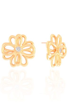 Brinco Flor Dupla Ponto de Luz Cristal Banhado a Ouro 18K