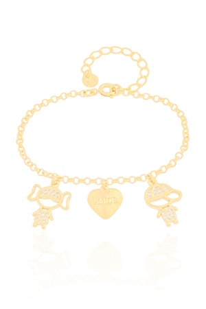 Pulseira Filho e Filha com Coração Amor Banhado a Ouro 18K