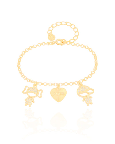 Pulseira Filho e Filha com Coração Amor Banhado a Ouro 18K