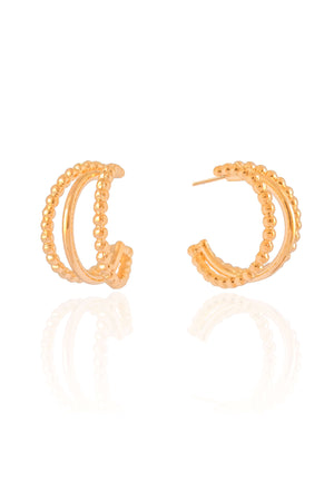 Brinco Meia Argola Três Filetes com Bolinhas Banhado a Ouro 18K