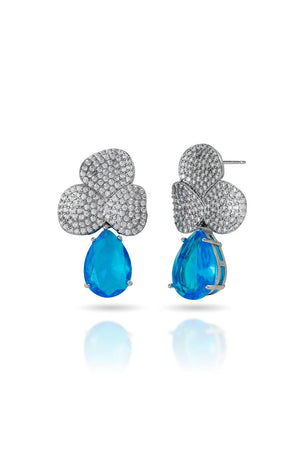 Brinco Folhas Cravejadas Cristal e Gota Pendente Topázio Azul