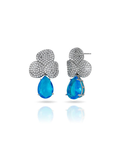 Brinco Folhas Cravejadas Cristal e Gota Pendente Topázio Azul