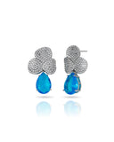 Brinco Folhas Cravejadas Cristal e Gota Pendente Topázio Azul