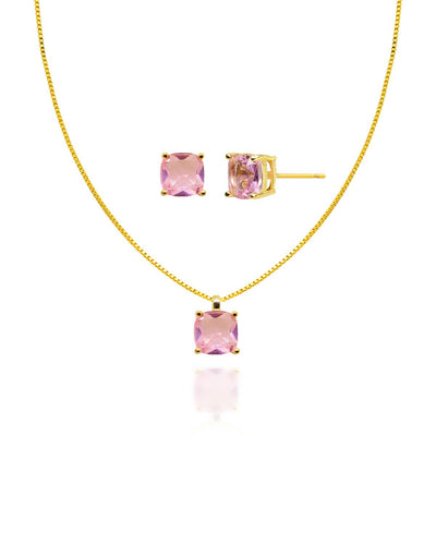 Conjunto Ponto de Luz Quadrado Fucsia Rosa Veneziana e Brincos