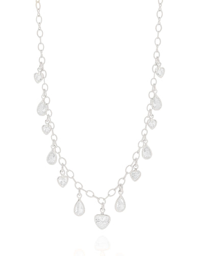 Colar Coração Gota Cristal Ródio Branco - 40 cm