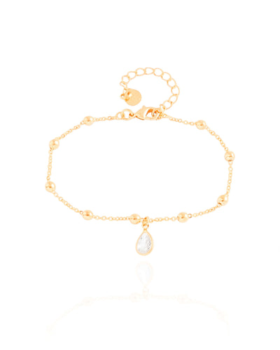 Pulseira Elos Bolinhas Gota Cristal Banhado a Ouro 18K