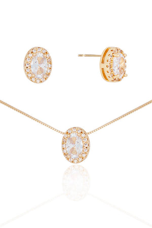 Conjunto Gargantilha Pingente e Brinco Oval Cristal com Borda Cristal