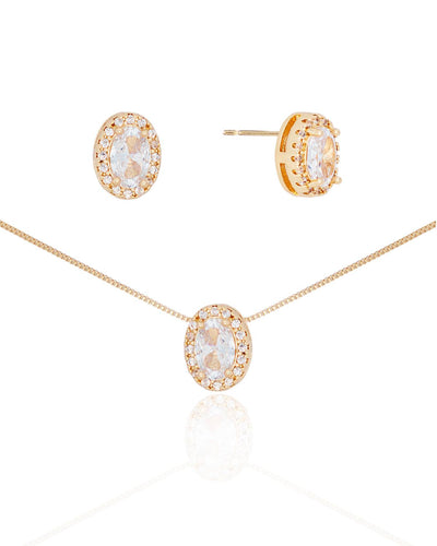Conjunto Brinco e Colar Pingente Oval Cristal Borda Cravejada