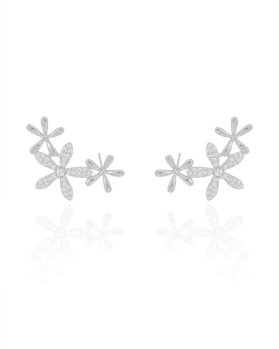 Ear Cuff Flores Cravejado Cristal 2,9 cm Ródio Branco