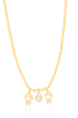 Gargantilha Filhos Dois Meninos com Coração Cravejado Elos Portugueses Banhado a Ouro 18K