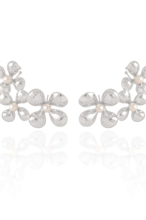 Ear Cuff Flores Pérolas 5.2 cm Ródio Branco