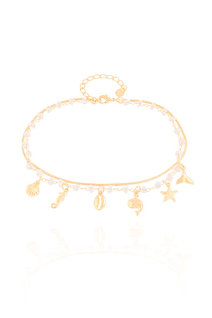 Tornozeleira Dupla Cristais Pingentes Fundo do Mar Banhado a Ouro 18K