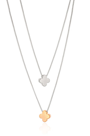 Gargantilha Dupla Trevo Mix de Banhos Ródio Branco